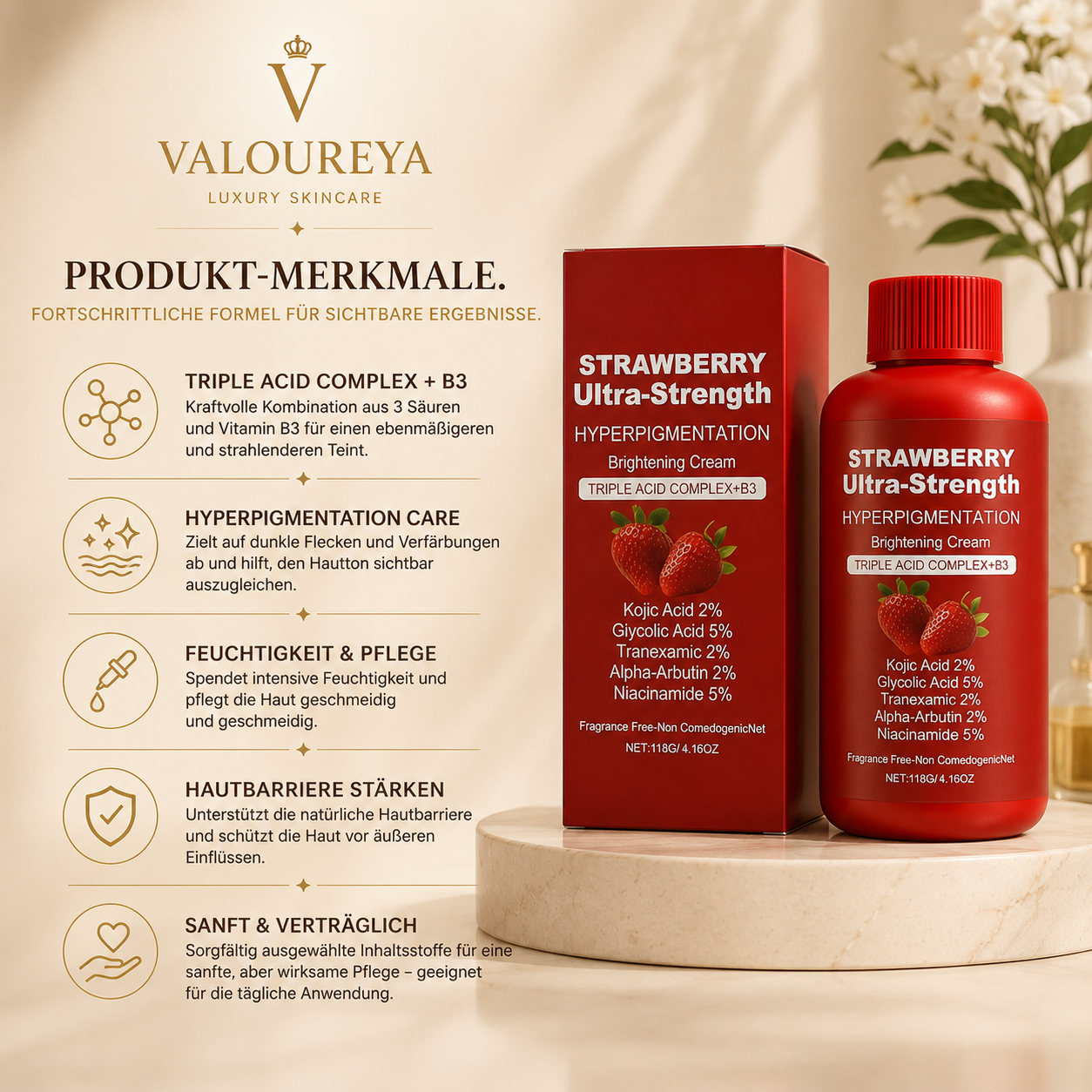 Strawberry Brightening Creme für dunkle Hautstellen